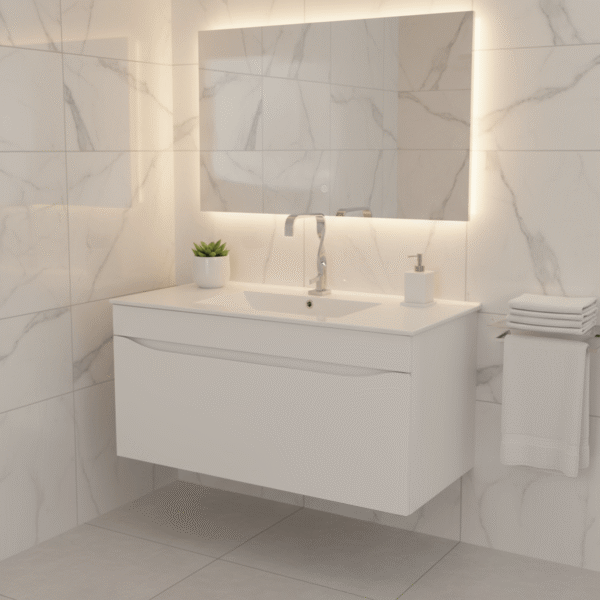 167586-1200-1200 Mueble Poliuretano Ario Blanco Con Placa Lavamanos Poceta Centro 100 x 46 cm