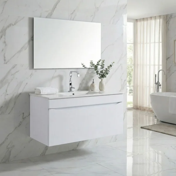 169578-1200-1200 Mueble Poliuretano Ario Blanco Con Placa Lavamanos Poceta Centro 100 x 46 cm