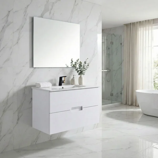 169582-1200-1200 Mueble Poliuretano Amaro Blanco Con Placa Lavamanos Poceta Centro 60 x 45 cm